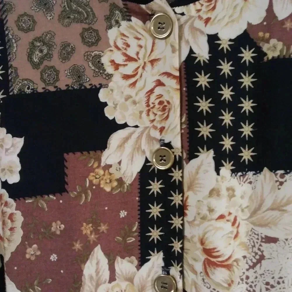 Southern Lady Vintage Patchwork Floral Leopard Bomber Jacket Brown Black XL